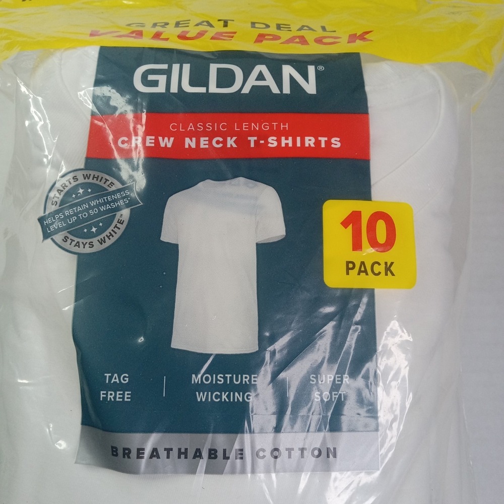Gildan Men's 10 Pack Short Sleeve Crew T-Shirt Tag-Free White Size L 42-44" NEW - Picture 2 of 5